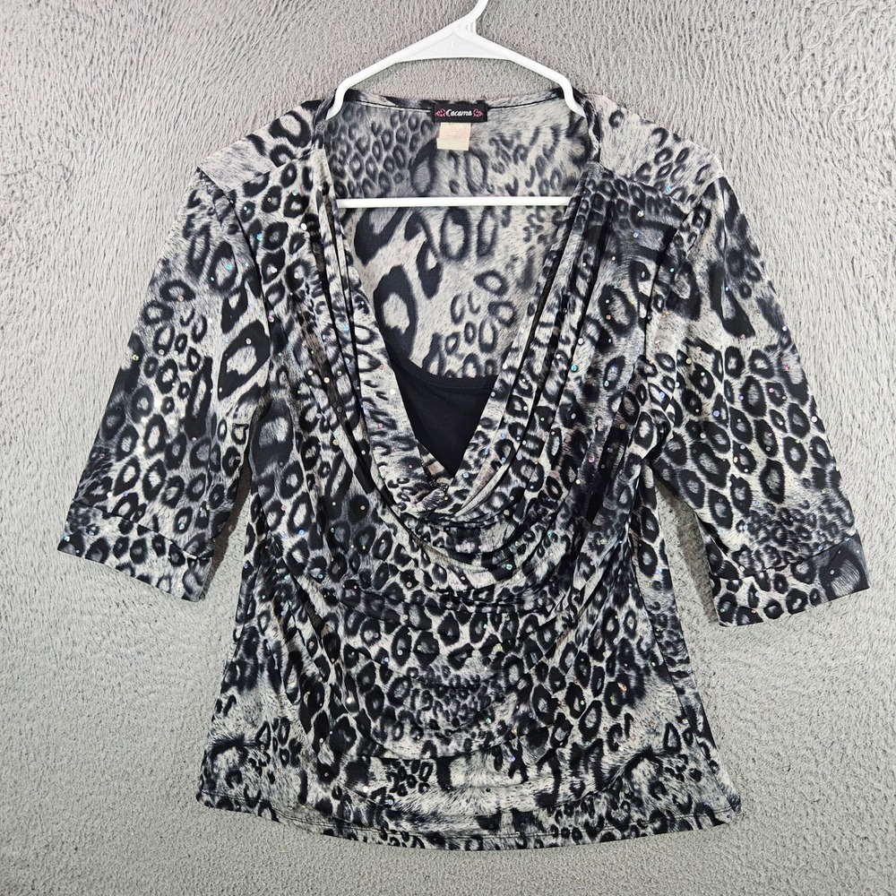 Cocomo Womens Leopard Animal Print Rhinestone Cowl Neck Top Black Gray Large